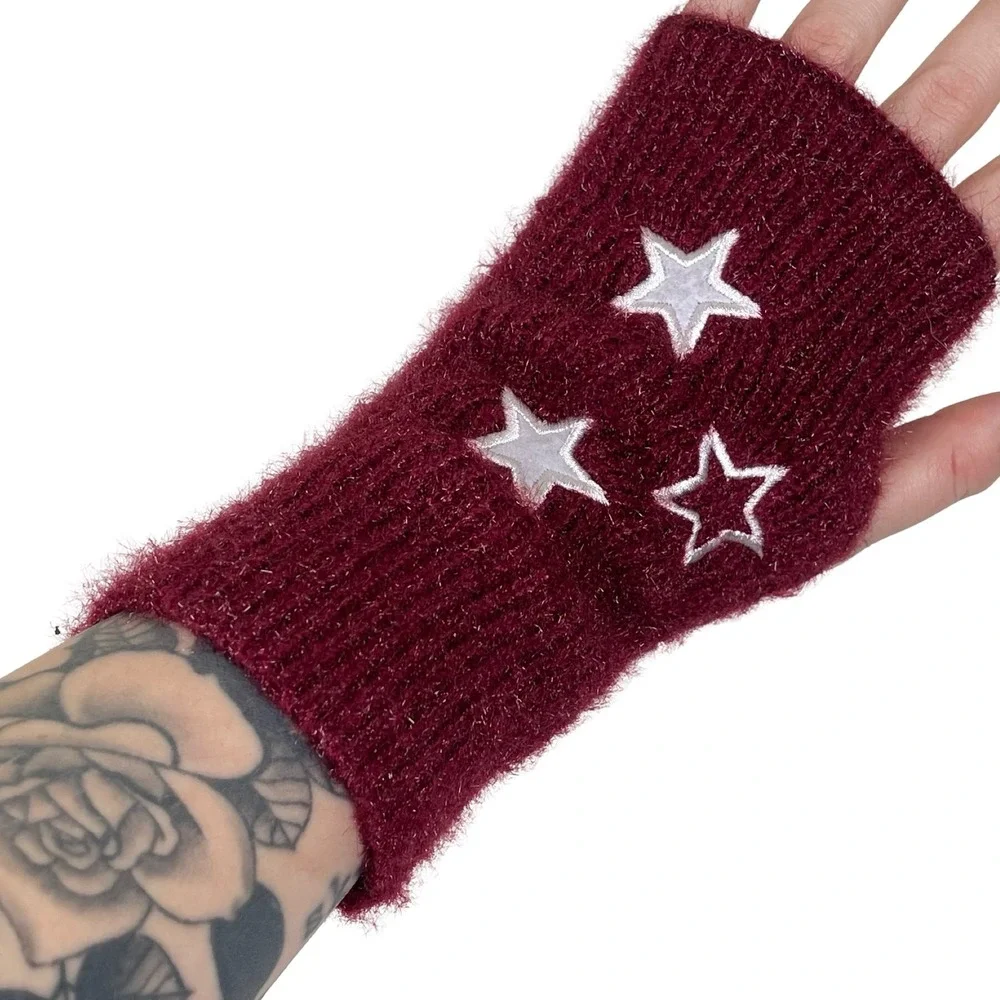 Delias Womens Arm Warmers Red Star Applique Knit One Size Y2K Skater Grunge‎